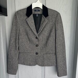 Chaps Houndstooth Tweed Blazer Size 8 Peplum Velvet Collar Dark Academia Vintage